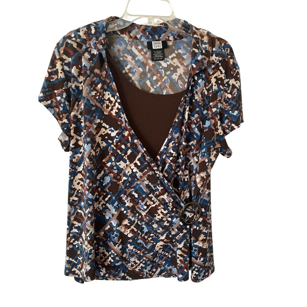 Studio 1940 Short Sleeve Brown Geometric Blouse With Buckle Women’s Size 12